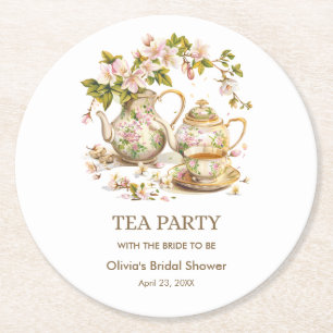 Floral Teapot Tea Party Time for Tea Bridal Shower Round Paper Coaster