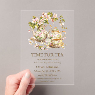 Floral Teapot Time for Tea Baby Shower  Acrylic Invitations