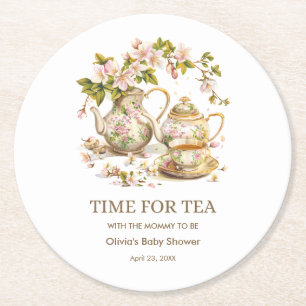 Floral Teapot Time for Tea Baby Shower  Round Paper Coaster
