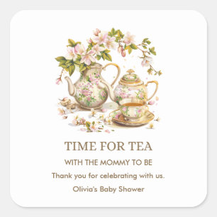 Floral Teapot Time for Tea Baby Shower  Square Sticker