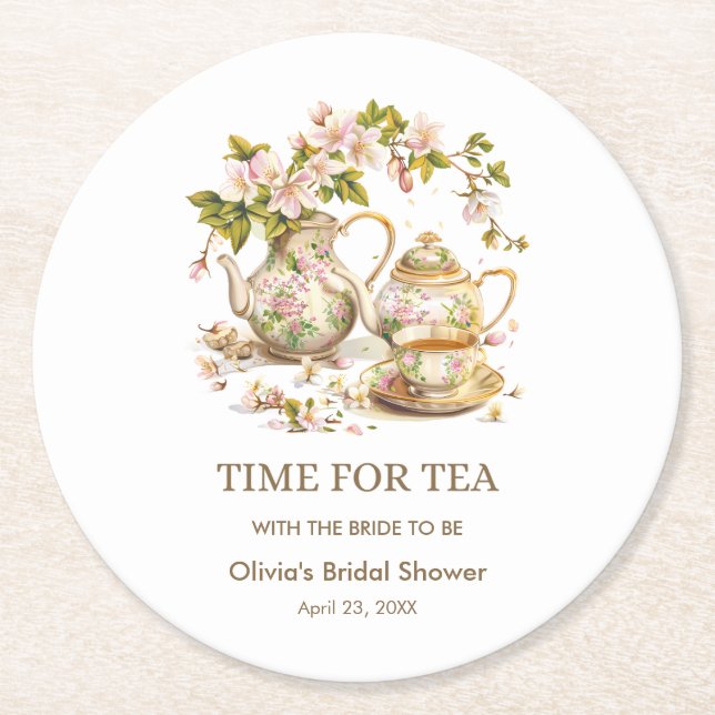 Floral Teapot Time for Tea Bridal Shower  Round Paper Coaster (Front)