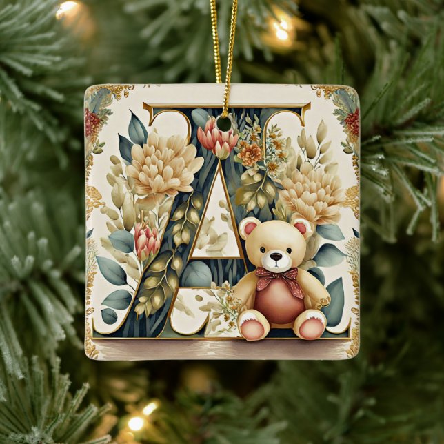 FLoral Teddy Bear letter A Ceramic Ornament (Tree)