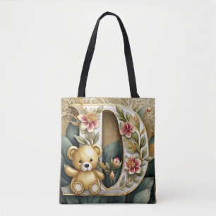 FLoral Teddy Bear letter D Tote Bag