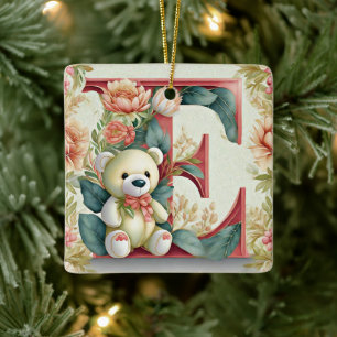 FLoral Teddy Bear letter E Ceramic Ornament