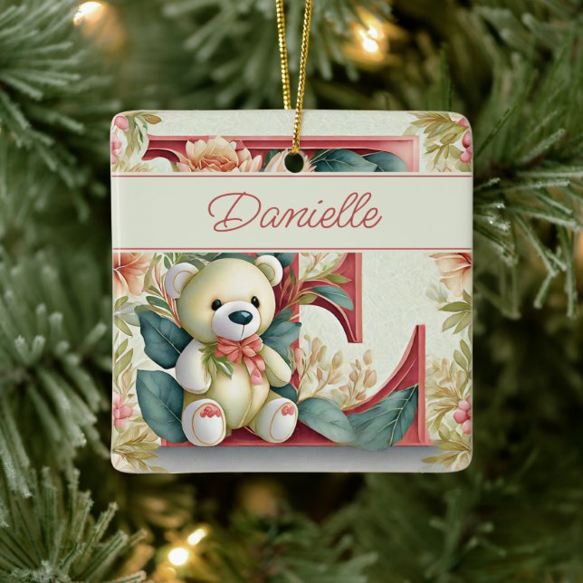 FLoral Teddy Bear letter E personalized Ceramic Ornament (Tree)