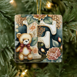 FLoral Teddy Bear letter F Ceramic Ornament