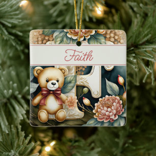 FLoral Teddy Bear letter F personalized Ceramic Ornament