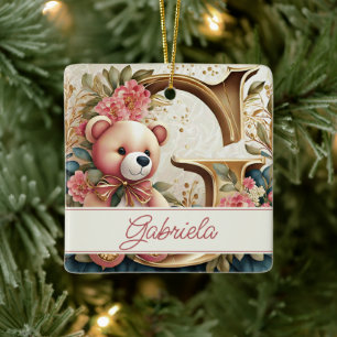 FLoral Teddy Bear letter G personalized Ceramic Ornament