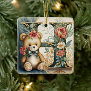 FLoral Teddy Bear letter H Ceramic Ornament