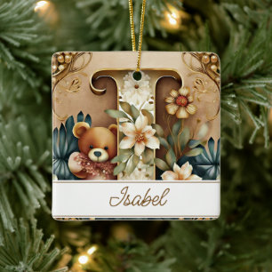 FLoral Teddy Bear letter I personalized Ceramic Ornament