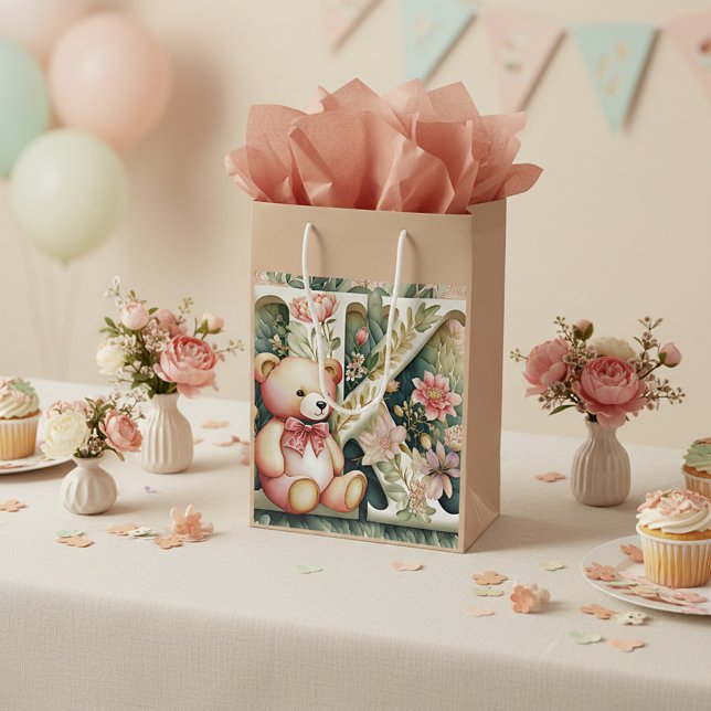 FLoral Teddy Bear letter K Medium Gift Bag (Creator Uploaded)