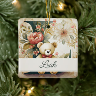 FLoral Teddy Bear letter L personalized Ceramic Ornament