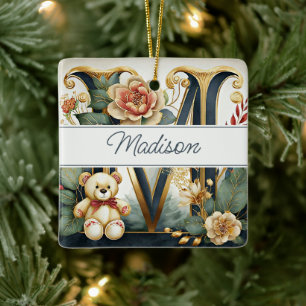 FLoral Teddy Bear letter M personalized Ceramic Ornament
