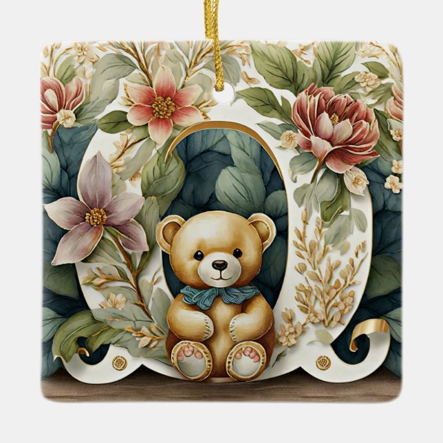 FLoral Teddy Bear letter O Ceramic Ornament (Front)