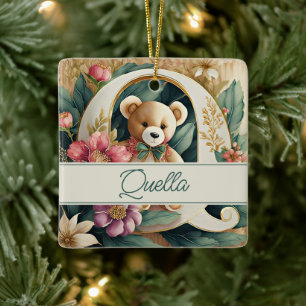 FLoral Teddy Bear letter Q personalized Ceramic Ornament