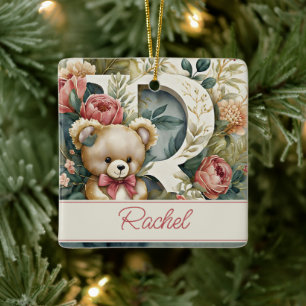FLoral Teddy Bear letter R personalized Ceramic Ornament