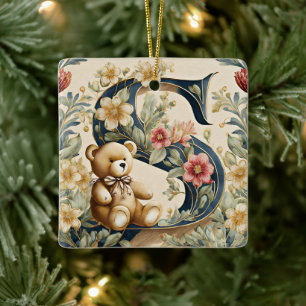 FLoral Teddy Bear letter S Ceramic Ornament