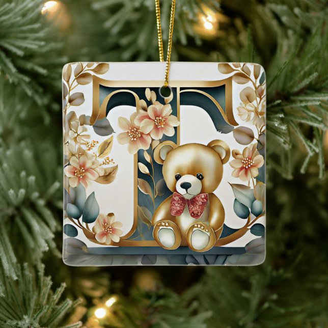 FLoral Teddy Bear letter T Ceramic Ornament (Tree)