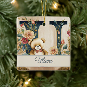 FLoral Teddy Bear letter U personalized Ceramic Ornament