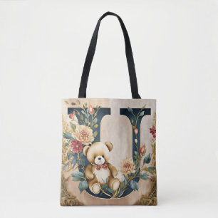 FLoral Teddy Bear letter U Tote Bag