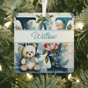 FLoral Teddy Bear letter W personalized Metal Ornament