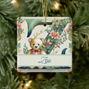 FLoral Teddy Bear letter Z personalized Ceramic Ornament