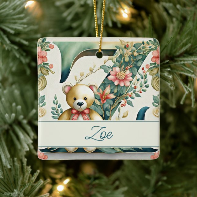 FLoral Teddy Bear letter Z personalized Ceramic Ornament (Tree)