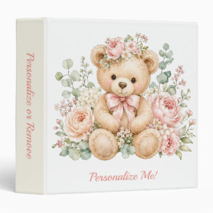 Floral Teddy Bear Pastel Pink Rose Personalize Binder
