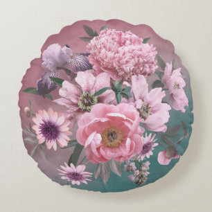 Floral template. Beautiful flowers peonies and iri Round Pillow