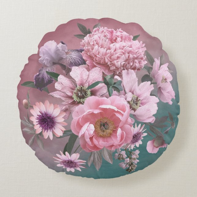 Floral template. Beautiful flowers peonies and iri Round Pillow (Front)