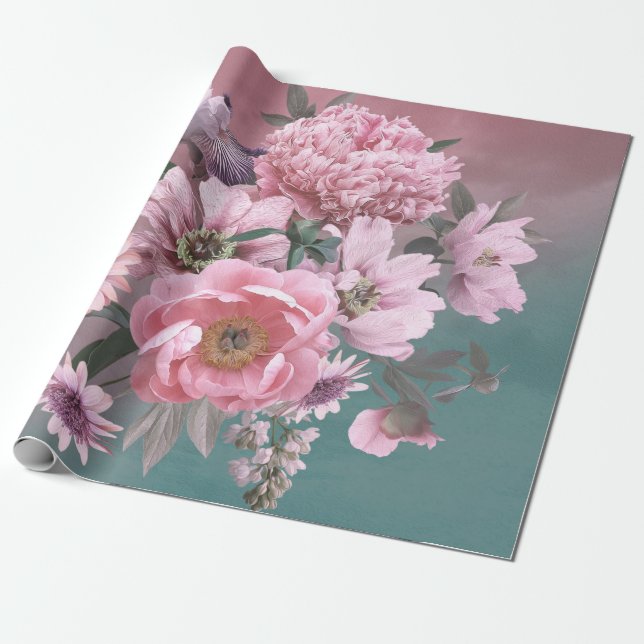 Floral template. Beautiful flowers peonies and iri Wrapping Paper (Unrolled)