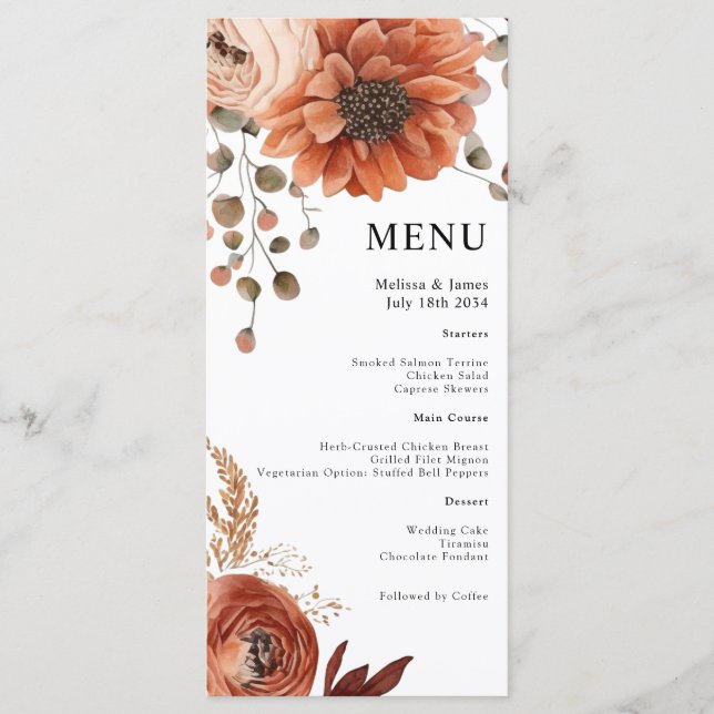 Floral Terracotta Blanc Aquarelle Menu Mariage (Devant)