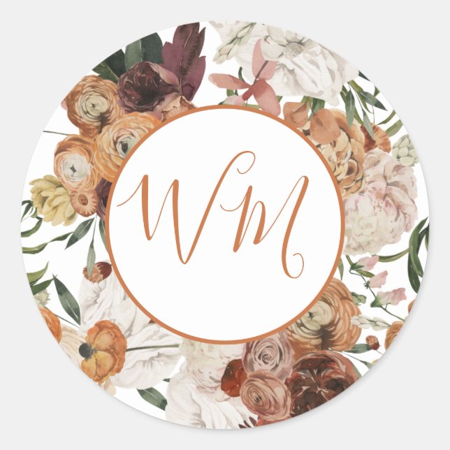 Floral Terracotta Monogram Wedding Sticker Label (Front)