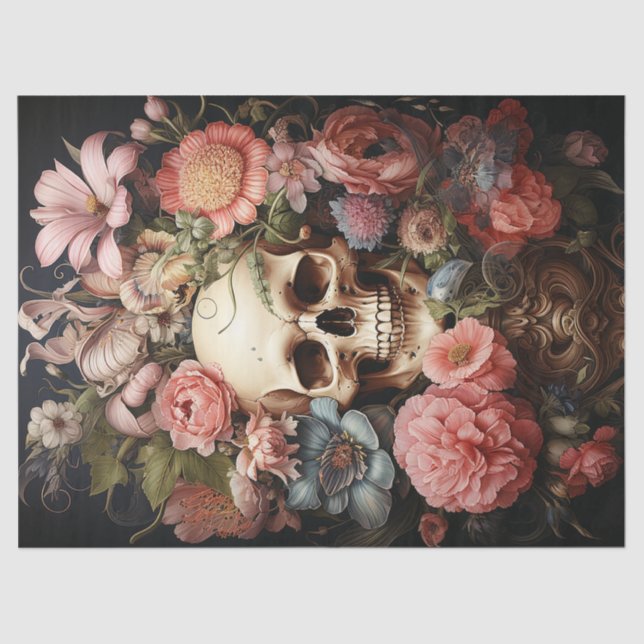 Floral Textured Skull Decoupage Tissue Paper (Front)