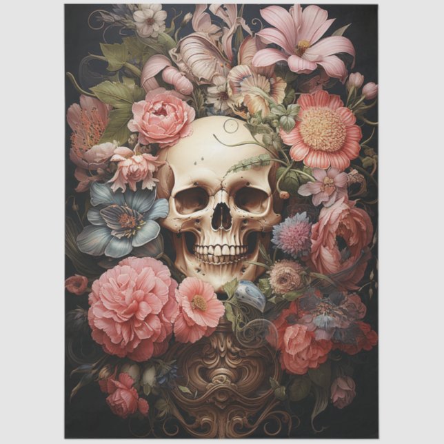 Floral Textured Skull Decoupage Tissue Paper (Front)