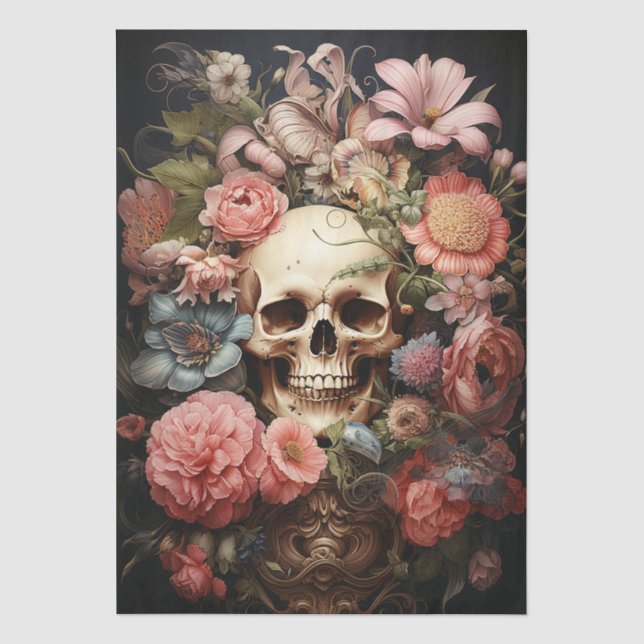 Floral Textured Skull Decoupage Tissue Paper (Front)