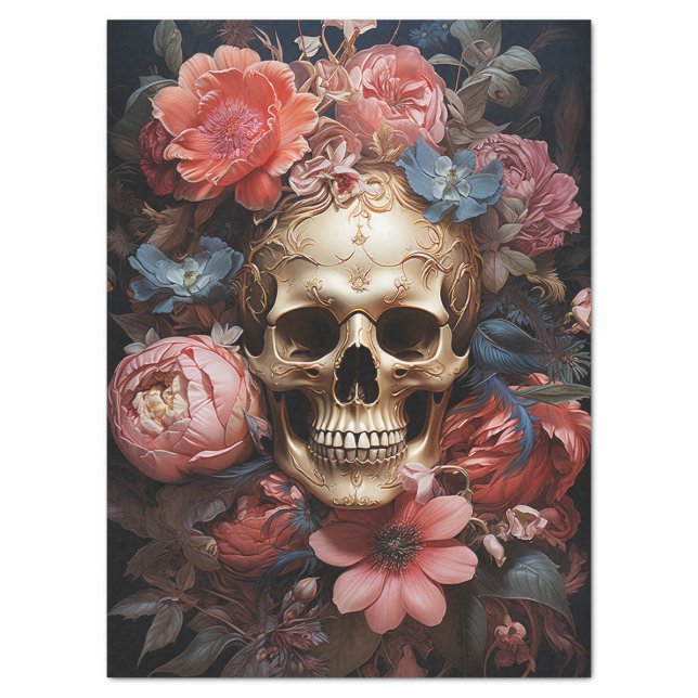 Floral Textured Skull Decoupage Tissue Paper (Vertical)