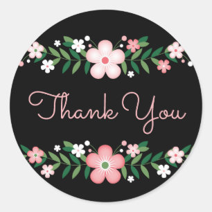 Floral Thank You Black And  Pink Flowers Wedding Classic Round Sticker
