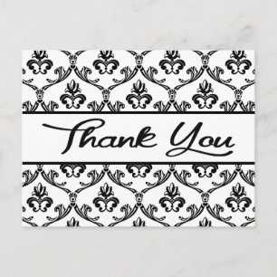 Floral Thank You Black And White Damask Postcard