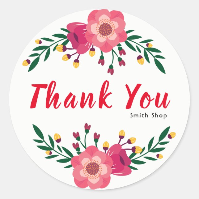 Floral Thank You Custom Name Business Thanksgiving Classic Round Sticker (Front)