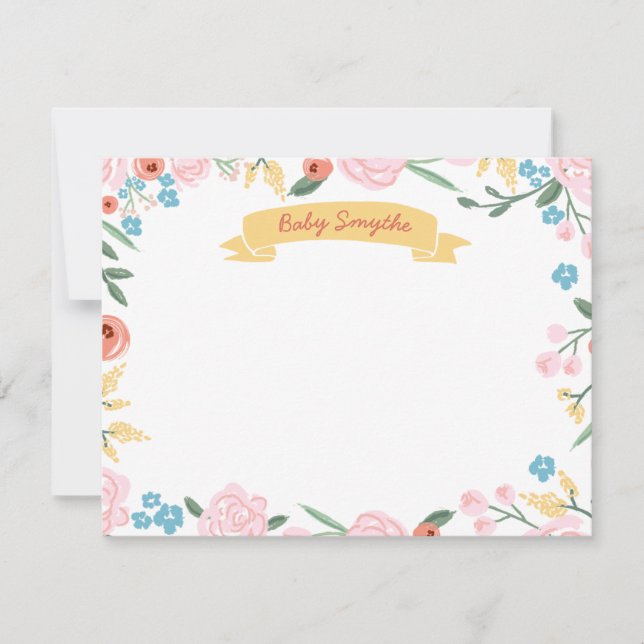 Floral Thank You Flat Note, Gender Neutral Baby Card (Front)