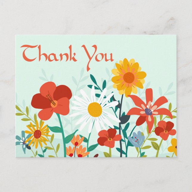 Floral Thank You Mint Green Wildflowers Postcard (Front)