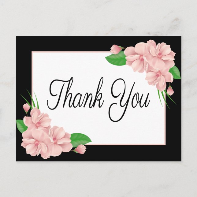 Floral Thank You Pink Flowers Black Wedding Party Postcard (Front)