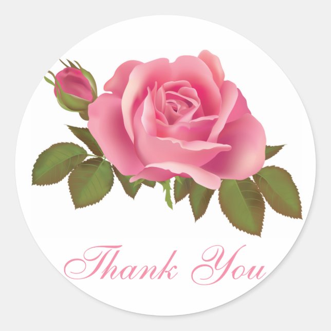 Floral Thank You Pink Rose Flower Classic Round Sticker (Front)