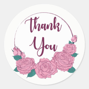 Floral Thank You Pink Rose Flowers Lavender Heart Classic Round Sticker