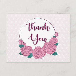 Floral Thank You Pink Roses & Lavender Hearts Postcard