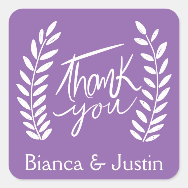 Floral Thank You Purple White Laurel Wreath Names Square Sticker (Front)