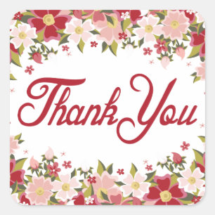 Floral Thank You Red Burgundy & Pink Flowers Square Sticker