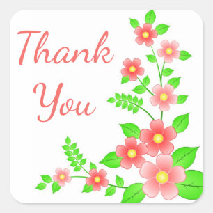 Floral Thank You Red / Pink & Green Flowers Square Sticker