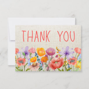 Floral Thanks Linen Border - Modern Chic Blank Thank You Card